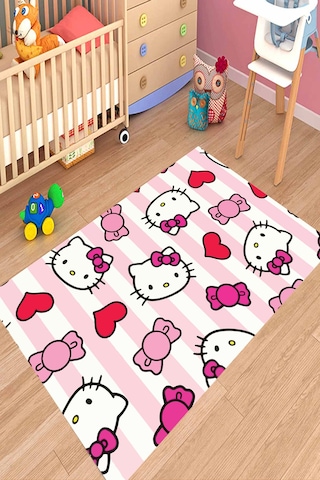Dijital Baskılı Pembe Hello Kitty Desen Dekoratif Yıkanabilir Kaymaz Taban Çocuk Halısı Çok Renkli