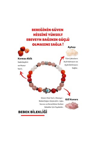 Gümüştel El Sanatları Sertifikalı Bebek Doğal Taş Unisex Tılsım Bilekliği Aytaşı Gül Kuvars Kırmızı Akik Bileklik Çok Renkli