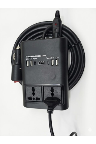 Araç Inverter 150w,çakmak Uzatma Kablosu Çakmaklık,4 Usb,2 Type-c Çıkışlı 12v/16 A /120w 2 X1,5mm Ttr Bakır 5mt-gg25