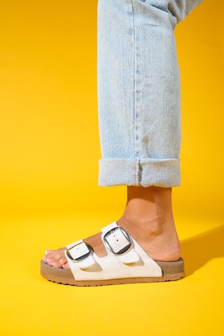 Ovesta Beyaz Süet Hakiki Deri Çift Bantlı Kadın Terlik Beyaz