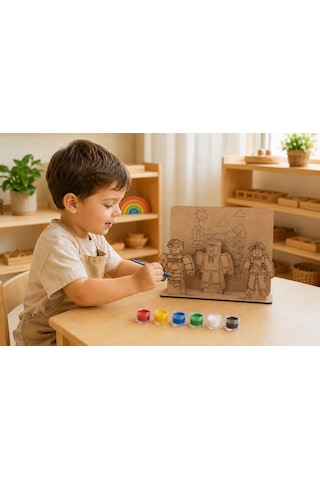 Blok Karakterler Temalı Ahşap Boyama Seti 3d Geçmeli Mdf Dekor, 6 Renk Boya Ve Fırça Dahil
