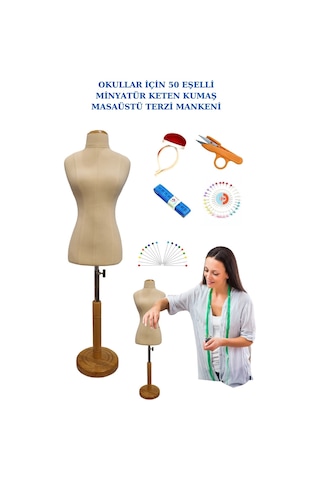 Keten Kumaş Süngerli 50 Eşel Okullar İçin Minyatür Terzi Mankeni
