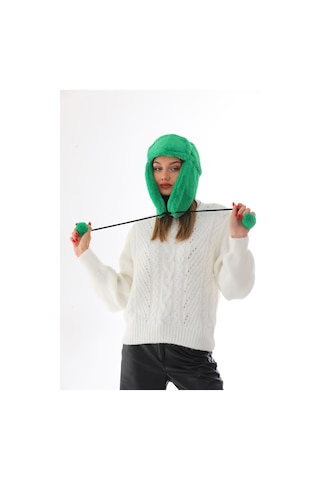 Kadın Yeşil Kürklü Kulaklıklı Peluş Şapka Yeşil