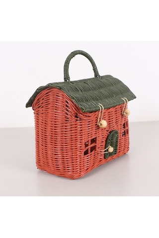 Mylamp Renkli Ev 23x20x13 Cm. Rattan Ev Dekoratif Çanta- Sepet Yeşilkırmızı