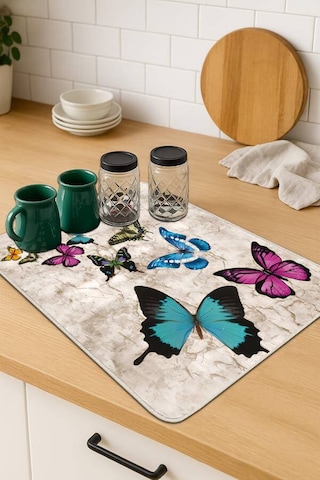 Çok Renkli Kelebekli Microfiber Bulaşık Kurutma Matı Mm027n11