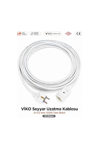 Viko Seyyar Uzatma Kablosu 15m 15 Metre 3x1.5 Mm %100 Bakır Öznur Kablo Viko Erkek Dişi Fiş Klemens Terminalli Topraklı Tse Ce Belgeli 15 M