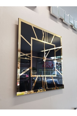 Ayna Denizi Golden Quare Black Model Altın Siyah Renk 60 CM x 60 CM Dekoratif Aynalı Duvar Saati Siyah