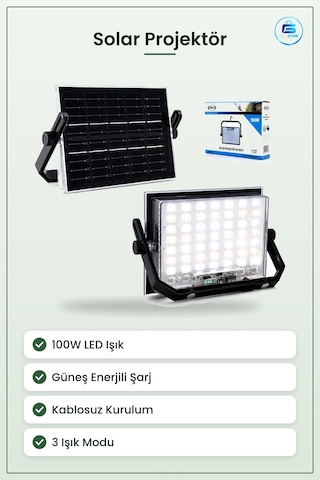 Solar Projektör 100w Güneş Enerjili Led Işık Kamp Bahçe Dış Mekan