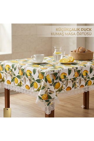 Küçükçalık Duck Kumaş Limon Desenli Dantelli Masa Örtüsü Sarı - Yeşil