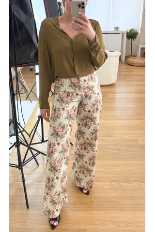 Modaonna Çiçek Desenli Geniş Paça Kot Pantolon Çok Renkli