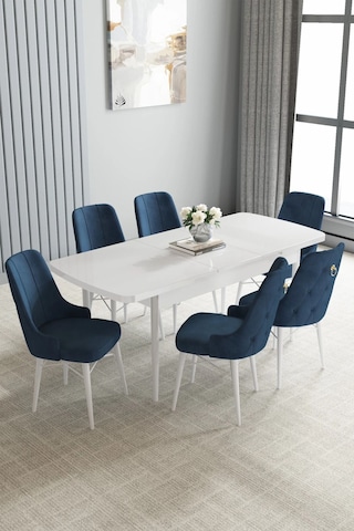 Zümra Serisi, Beyaz 80x132 Açılabilir Mdf Mutfak Masası Takımı 6 Adet Sandalye, Lacivert