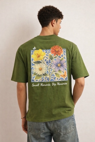 Tarz Cool Erkek Floral Baskılı Tişört Oversize Fit, Sırt Desenli Small Moments Big Memories Haki