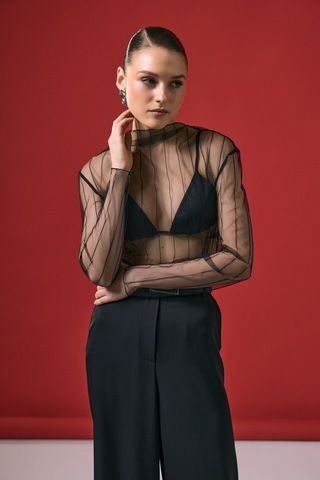 Ckm Moda Vaze Çizgili Transparan Bluz Siyah