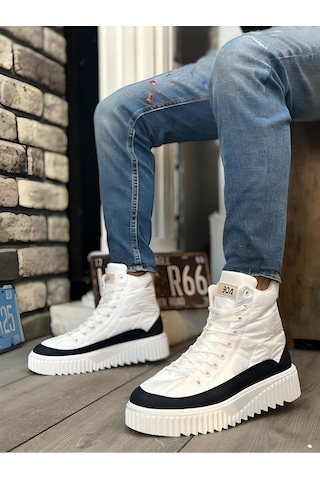 Boa Detaylı Paraşüt Kumaş Yüksek Taban Yarım Bilek Erkek Bot Beyaz