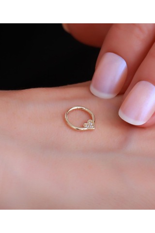 14 Ayar Altın Taşlı Kalp Halka Tragus Piercing Sarı Altın