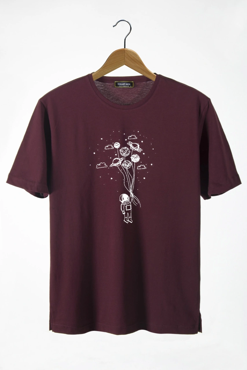 Veaven Unisex Bordo Önü Balon Baskılı Bisiklet Yaka Oversize Kalıp Basic Pamuklu T-shirt Bordo