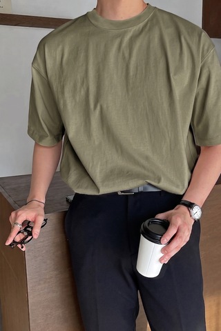 Genius Store Erkek Oversize Tişört Pamuk Kumaş Bisiklet Yaka Rahat Kalıp T-shirt Haki