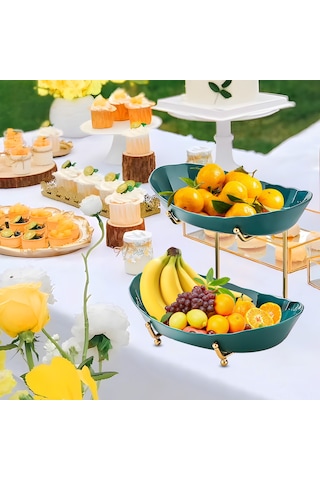 Yaozixa Çok Amaçlı Akrilik Meyve Sepeti - 2 Katlı Metal Ayaklı Pratik Servis Tepsisi Koyu Yeşil