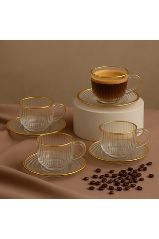Elta Collection Gold Yaldızlı 6 Lı Cam Kahve Takımı Şık Ve Modern Tasarım Çizgili Gold