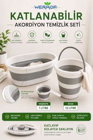 3'lü Katlanır Temizlik Seti Çamaşır Sepeti Akordiyon Su Kovası Maşrapa Beyaz - Gri