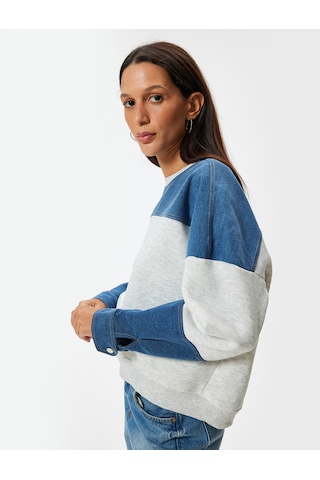 Koton Oversize Sweatshirt Renk Bloklu Bisiklet Yaka Fermuar Detaylı Şardonlu Kar Melanj 5wal10040ık Gri Melanj