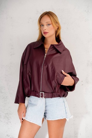 Jesse Story Kadın Deri Ceket Relax Fit Suni Deri Ceket Bordo Bordo