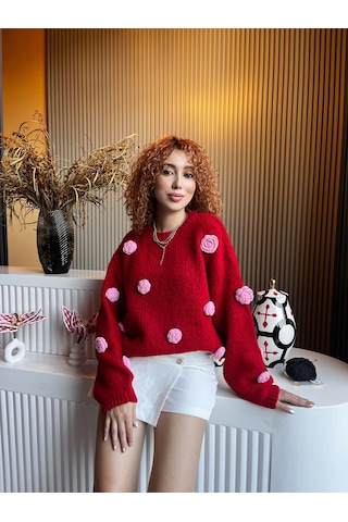 Qoolest Kadın Yünlü Saks Mavi Bisiklet Yaka 3d Papatya Kabartmalı Yumoş Dokulu Oversize Trend Triko Kazak Kırmızı