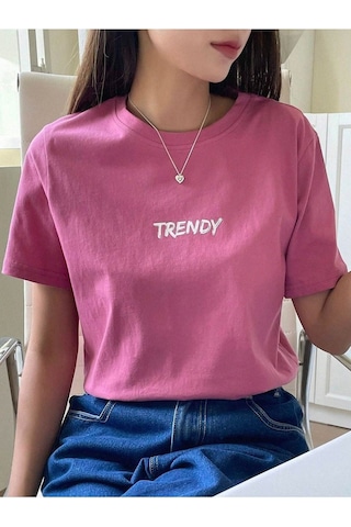 Trendy T-shirt - Pembe Oversize Baskılı Bisiklet Yaka Pembe