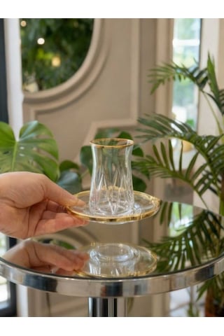 Çnr Home Collection 12 Parça 6 Kişilik Kristal Kesim Çay Bardaği Seti Gold