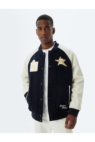 Koton Kolej Ceket Baskılı Bomber Yaka Slim Fit Cepli Çıt Çıt Düğme Detaylı Lacivert 5wam20126hw