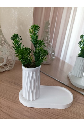 Mini Desenli Beton Saksı Tekli Ve Oval Tabak - Yapay Çiçek Hediyeli - Yeşil Tomurcuk