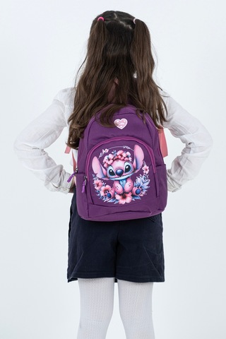 Mor Stitch Figürlü Kız Çocuk Anaokulu Sırt Çantası Çiçek Desenli, Ergonomik Kreş Çantası Mor