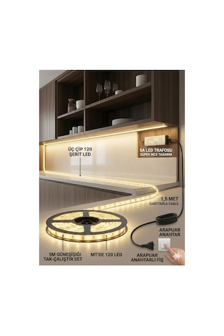 5mt Tak Çalıştır Günişığı Şerit Led Seti,mutfak Dolabı Tezgah Üstü Led,3 Çip, Adaptörlü Arapuar Anahtarlı Komple Set,yapışkanlı Led Işık Günışığı-3000k