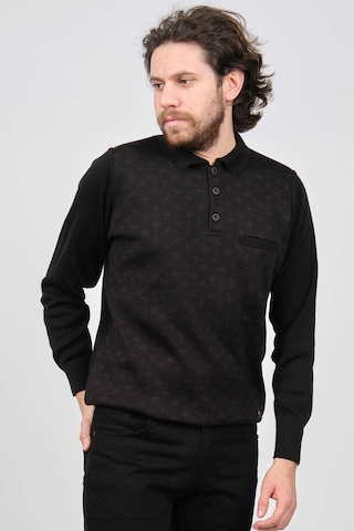 Çizgi Triko Erkek Cep Detaylı Polo Yaka Desenli Kazak 42544226 Siyah Siyah