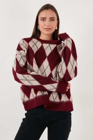 Lela Oversize Fit Bisiklet Yaka Baklava Desenli Yumuşak Dokulu Bayan Kazak 4616223 Bordo