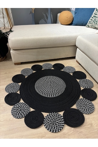 Mavaux Bej Jüt Hasırlı El Örgüsü Kilim Halı Hasır Yuvarlak Siyah