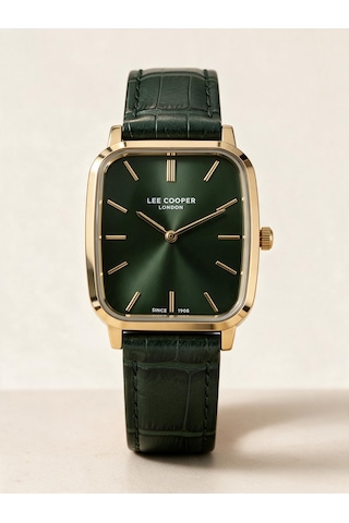 Lee Cooper Haki Deri Kayış Yeşil Kadran 32 Mm Dikdörtgen Erkek Kol Saati, Bileklik Hediyeli Gold