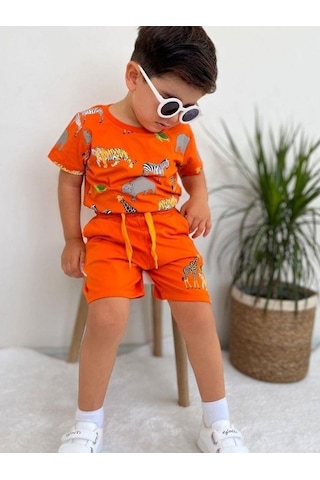 Erkek Bebek Pamuklu Hayvan Baskılı Şortlu Takım-14564 Turuncu