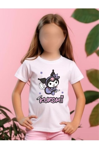 Kuromi Baskı Detaylı Kısa Kollu %100 Pamuklu Beyaz Kız Çocuk T-shirt Beyaz