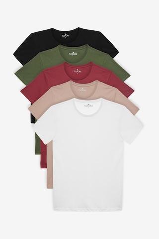 Tudors Unisex 5'li Paket Siyah-beyaz-haki-bordo-vizon Slim Fit Dar Kesim %100 Pamuk Bisiklet Yaka Tişört-31309 Multi Çok Renkli