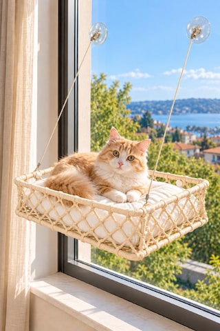 Reyo Tasaryum El İşçiliği Bohem Makrome Kedi Ve Küçük Köpek Cam Hamak Yatağı Güçlü Vantuzlu, Minderli - Krem