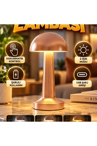 Bronz Şarjlı Led Masa Lambası 3 Işık Modlu Dokunmatik Modern Tasarım Renkli