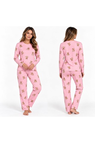 Pijama Denizi Pijama Partisi Kadın Uzun Kollu Pijama Takımı Pdesenli Rahat Ev Giyim Seti, 2 Parça PEMBE