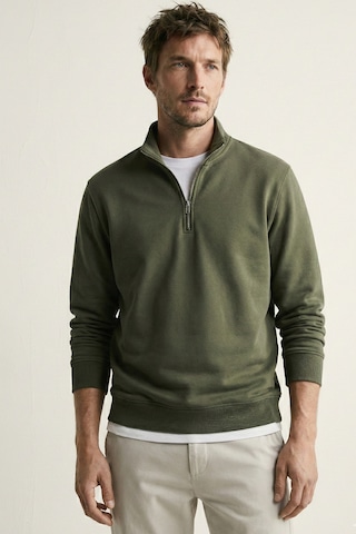Elemge Pamuklu Erkek Sweatshirt Haki Soft Touch Relax Fit Yarım Fermuarlı Dik Yaka 3 Iplik Nefes Alan