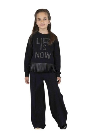 Kız Çocuk Püskül Deri Detaylı Sweatshirt-13504 Siyah