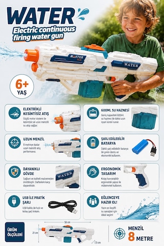 Elektrikli Su Tabancası 600 Ml Kapasite / 8 Metre Menzil 1