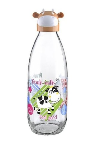 İnek Tasarımlı Sevimli Cam Suluk - Süt Şişesi 1000 Ml Beyaz