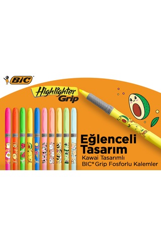 Bıc Marking Highlighter Grip Kawaii Desenli Fosforlu Kalem 10'lu Set Çok Renkli