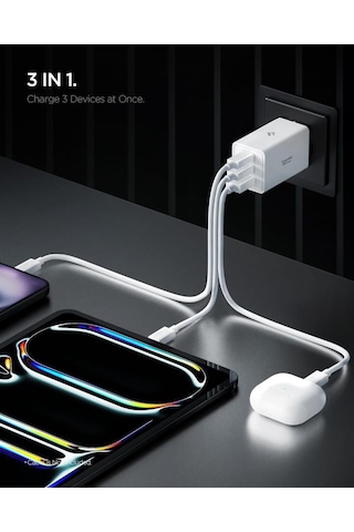 Spigen 67w Usb-c + Usb-a 3 Port Hızlı Şarj Aleti Samsung Pps 2.0 Isı Düşüren Gan Pro Akım Korumalı Pd 3.0 / Scp / Fcp Protokol Güç Adaptörü iPhone & Android & İpad & Apple Uyumlu MacBook Type-c White