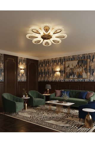 Yagmur 8li Gold Avize 3 Renk Led Secenekli Salon Oturma Odası Avize Altın - Gold